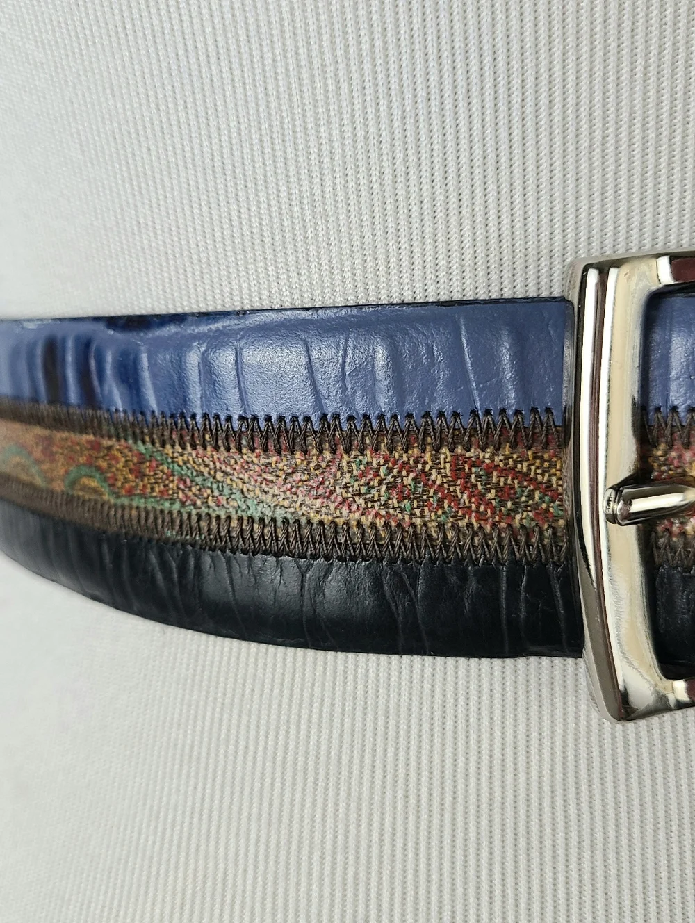 Etro Milano Made In Italy Paisley Striped Color Block Genuine Leather Belt